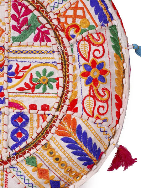 Handmade Bohemian Patchwork Cotton Ottoman Pouf Cover - Multicolor Traditional Khambariya Embroidered Indian Floor Pillow, Vintage Footstool, Hippie Gypsy Home Decor - 6