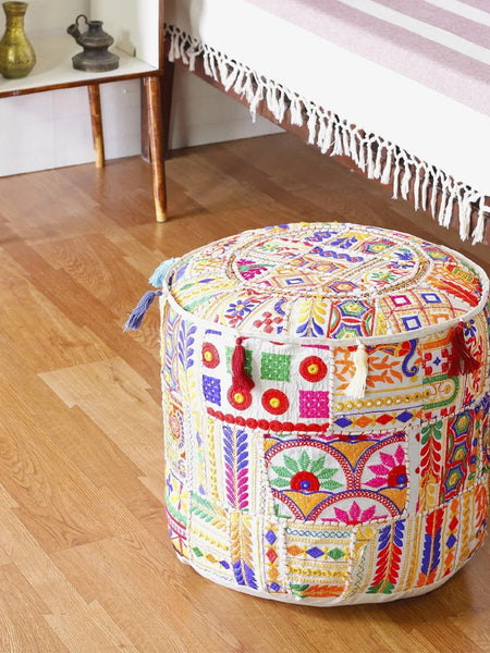 Handmade Bohemian Patchwork Cotton Ottoman Pouf Cover - Multicolor Traditional Khambariya Embroidered Indian Floor Pillow, Vintage Footstool, Hippie Gypsy Home Decor - 6