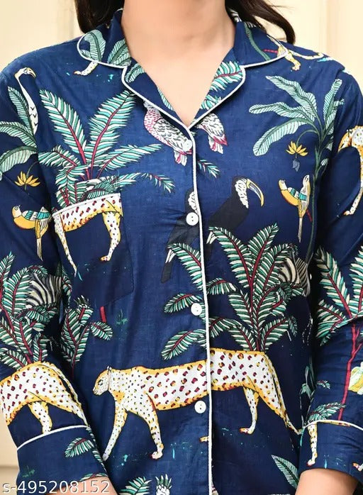 Blue tiger print Cotton Pajama Set - Soft Indian Nightwear | Pure Cotton PJ's & Bridesmaid Gift for Her