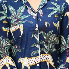 Blue tiger print Cotton Pajama Set - Soft Indian Nightwear | Pure Cotton PJ's & Bridesmaid Gift for Her