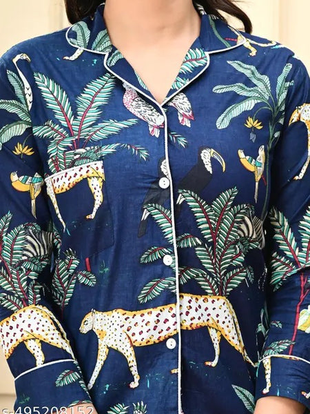 Blue tiger print Cotton Pajama Set - Soft Indian Nightwear | Pure Cotton PJ's & Bridesmaid Gift for Her