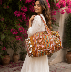 Printed Beach Cotton Duffle Tote Bag for Women | Reversible Beach Tote | 18x18 Ethnic Quilted Bag - kraafty-com