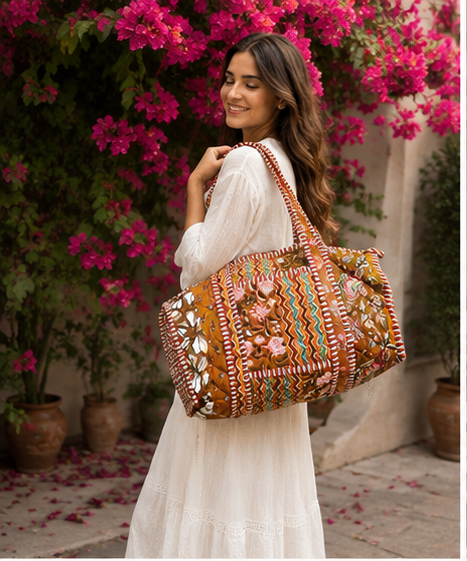 Printed Beach Cotton Duffle Tote Bag for Women | Reversible Beach Tote | 18x18 Ethnic Quilted Bag - kraafty-com