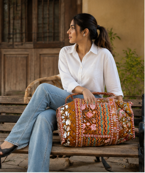 Printed Beach Cotton Duffle Tote Bag for Women | Reversible Beach Tote | 18x18 Ethnic Quilted Bag - kraafty-com