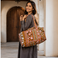 Printed Beach Cotton Duffle Tote Bag for Women | Reversible Beach Tote | 18x18 Ethnic Quilted Bag - kraafty-com