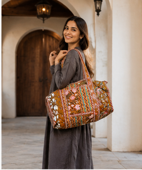 Printed Beach Cotton Duffle Tote Bag for Women | Reversible Beach Tote | 18x18 Ethnic Quilted Bag - kraafty-com