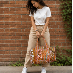 Printed Beach Cotton Duffle Tote Bag for Women | Reversible Beach Tote | 18x18 Ethnic Quilted Bag - kraafty-com