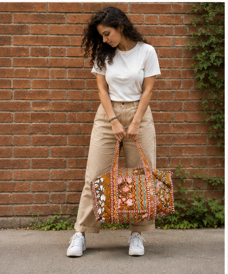 Printed Beach Cotton Duffle Tote Bag for Women | Reversible Beach Tote | 18x18 Ethnic Quilted Bag - kraafty-com
