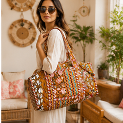 Printed Beach Cotton Duffle Tote Bag for Women | Reversible Beach Tote | 18x18 Ethnic Quilted Bag - kraafty-com