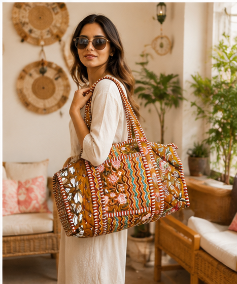 Printed Beach Cotton Duffle Tote Bag for Women | Reversible Beach Tote | 18x18 Ethnic Quilted Bag - kraafty-com