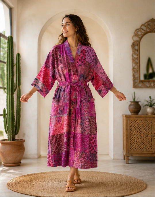 Vintage Kantha Kimono Robe — Handmade Cotton Pink Dressing Gown