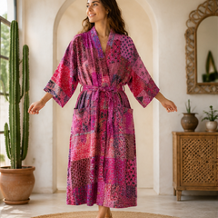 Vintage Kantha Kimono Robe — Handmade Cotton Pink Dressing Gown