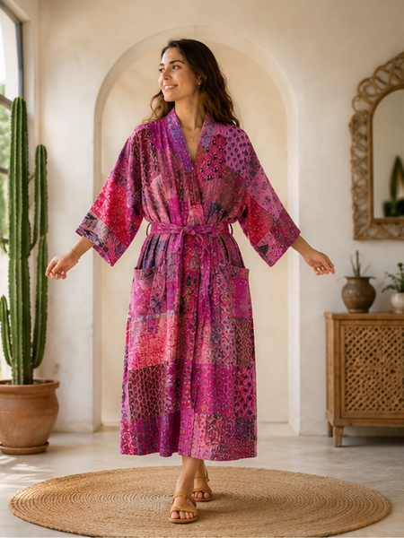 Vintage Kantha Kimono Robe — Handmade Cotton Pink Dressing Gown