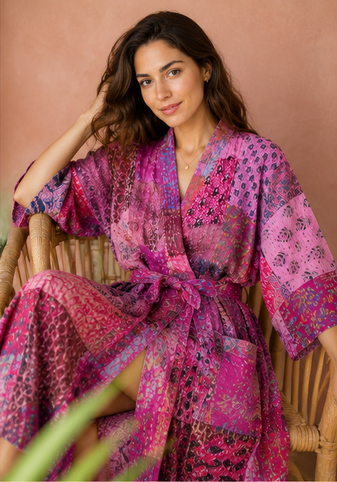 Vintage Kantha Kimono Robe — Handmade Cotton Pink Dressing Gown