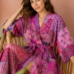 Vintage Kantha Kimono Robe — Handmade Cotton Pink Dressing Gown