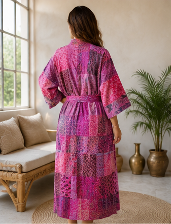 Vintage Kantha Kimono Robe — Handmade Cotton Pink Dressing Gown