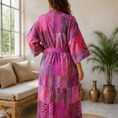 Vintage Kantha Kimono Robe — Handmade Cotton Pink Dressing Gown
