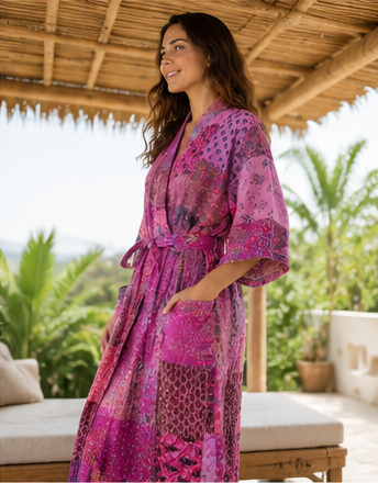 Vintage Kantha Kimono Robe — Handmade Cotton Pink Dressing Gown