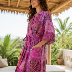 Vintage Kantha Kimono Robe — Handmade Cotton Pink Dressing Gown