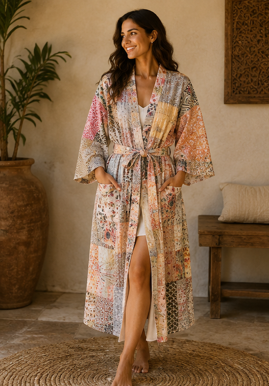 Vintage Kantha Kimono Multi Robe — Handmade Cotton Dressing Gown