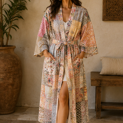 Vintage Kantha Kimono Multi Robe — Handmade Cotton Dressing Gown