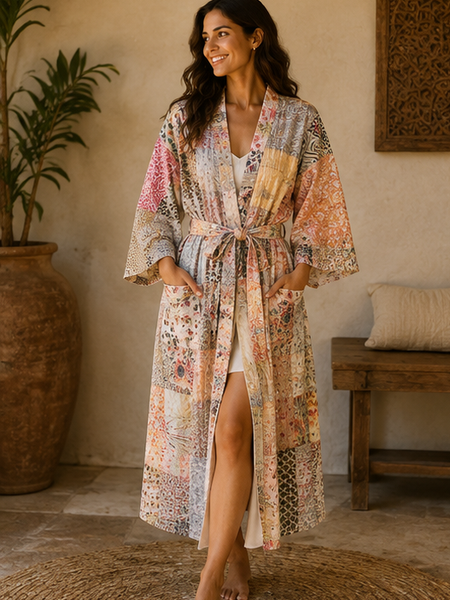 Vintage Kantha Kimono Multi Robe — Handmade Cotton Dressing Gown