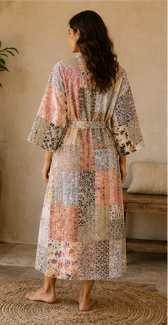 Vintage Kantha Kimono Multi Robe — Handmade Cotton Dressing Gown