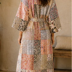Vintage Kantha Kimono Multi Robe — Handmade Cotton Dressing Gown