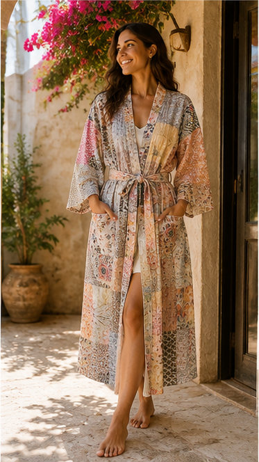 Vintage Kantha Kimono Multi Robe — Handmade Cotton Dressing Gown