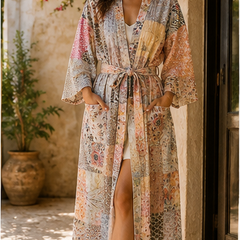 Vintage Kantha Kimono Multi Robe — Handmade Cotton Dressing Gown