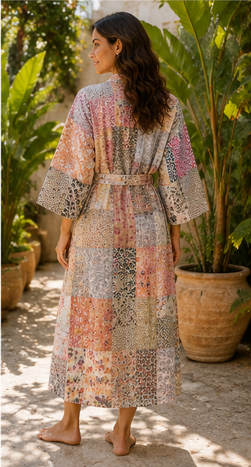 Vintage Kantha Kimono Multi Robe — Handmade Cotton Dressing Gown