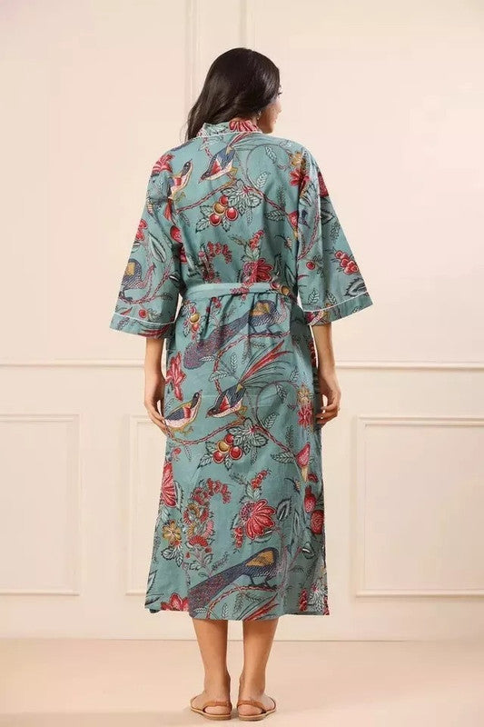 Grey Floral Print Cotton Kimono Robe Pure Cotton Dressing Gown for Women