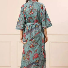 Grey Floral Print Cotton Kimono Robe Pure Cotton Dressing Gown for Women