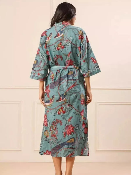 Grey Floral Print Cotton Kimono Robe Pure Cotton Dressing Gown for Women