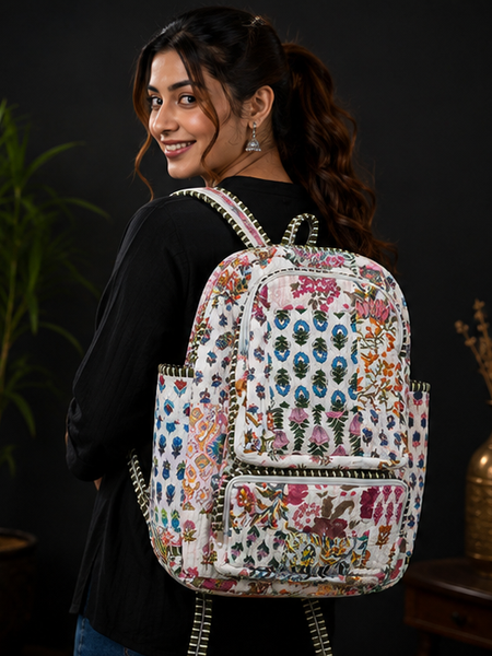 Sustainable Cotton Patchwork Tote Backpack – Handmade white Printed Jhola Bag - kraafty-com