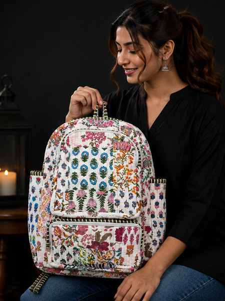 Sustainable Cotton Patchwork Tote Backpack – Handmade white Printed Jhola Bag - kraafty-com