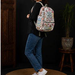 Sustainable Cotton Patchwork Tote Backpack – Handmade white Printed Jhola Bag - kraafty-com