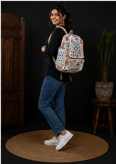 Sustainable Cotton Patchwork Tote Backpack – Handmade white Printed Jhola Bag - kraafty-com