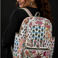 Sustainable Cotton Patchwork Tote Backpack – Handmade white Printed Jhola Bag - kraafty-com