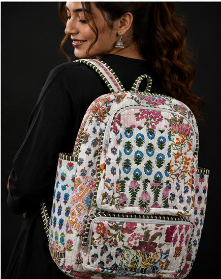 Sustainable Cotton Patchwork Tote Backpack – Handmade white Printed Jhola Bag - kraafty-com