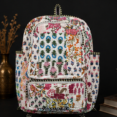 Sustainable Cotton Patchwork Tote Backpack – Handmade white Printed Jhola Bag - kraafty-com