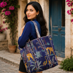 Reversible Cotton Blue Tote Bag | Handmade Quilted Beach & Everyday Bag