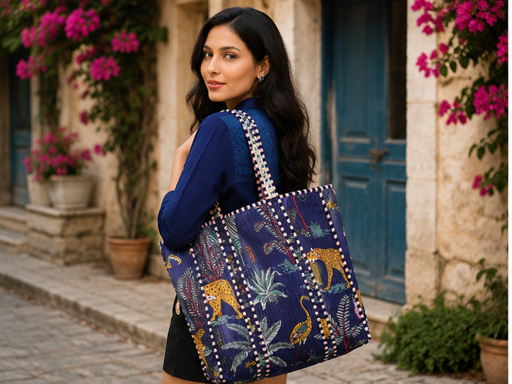 Reversible Cotton Blue Tote Bag | Handmade Quilted Beach & Everyday Bag