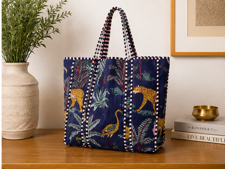 Reversible Cotton Blue Tote Bag | Handmade Quilted Beach & Everyday Bag