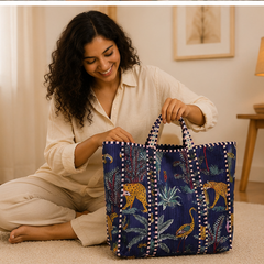 Reversible Cotton Blue Tote Bag | Handmade Quilted Beach & Everyday Bag