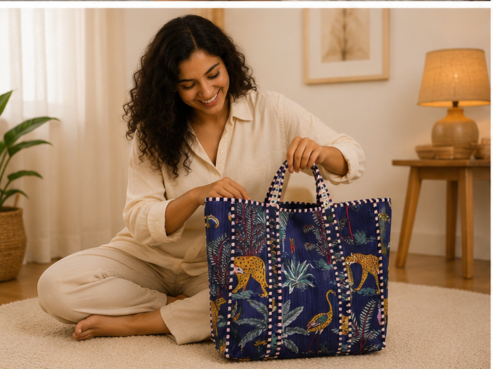 Reversible Cotton Blue Tote Bag | Handmade Quilted Beach & Everyday Bag