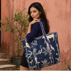 Cotton Canvas Nevy Blue Tote Bag | Quilted Reversible Beach Bag, Handmade - kraafty-com