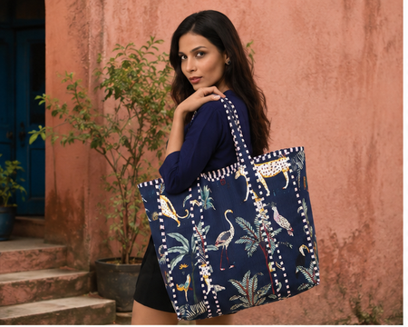 Cotton Canvas Nevy Blue Tote Bag | Quilted Reversible Beach Bag, Handmade - kraafty-com