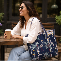Cotton Canvas Nevy Blue Tote Bag | Quilted Reversible Beach Bag, Handmade - kraafty-com