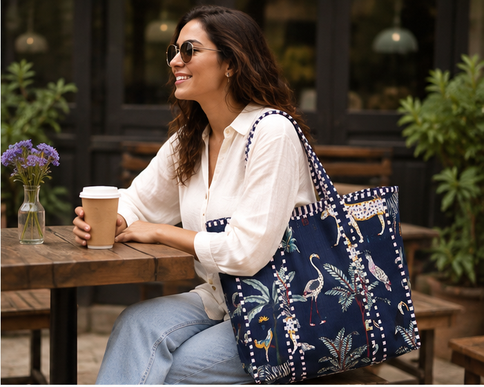 Cotton Canvas Nevy Blue Tote Bag | Quilted Reversible Beach Bag, Handmade - kraafty-com